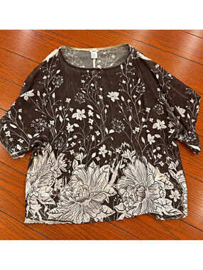 Women’s Brown/White Floral Sheer Chiffon Blouse Short Sleeve Medium